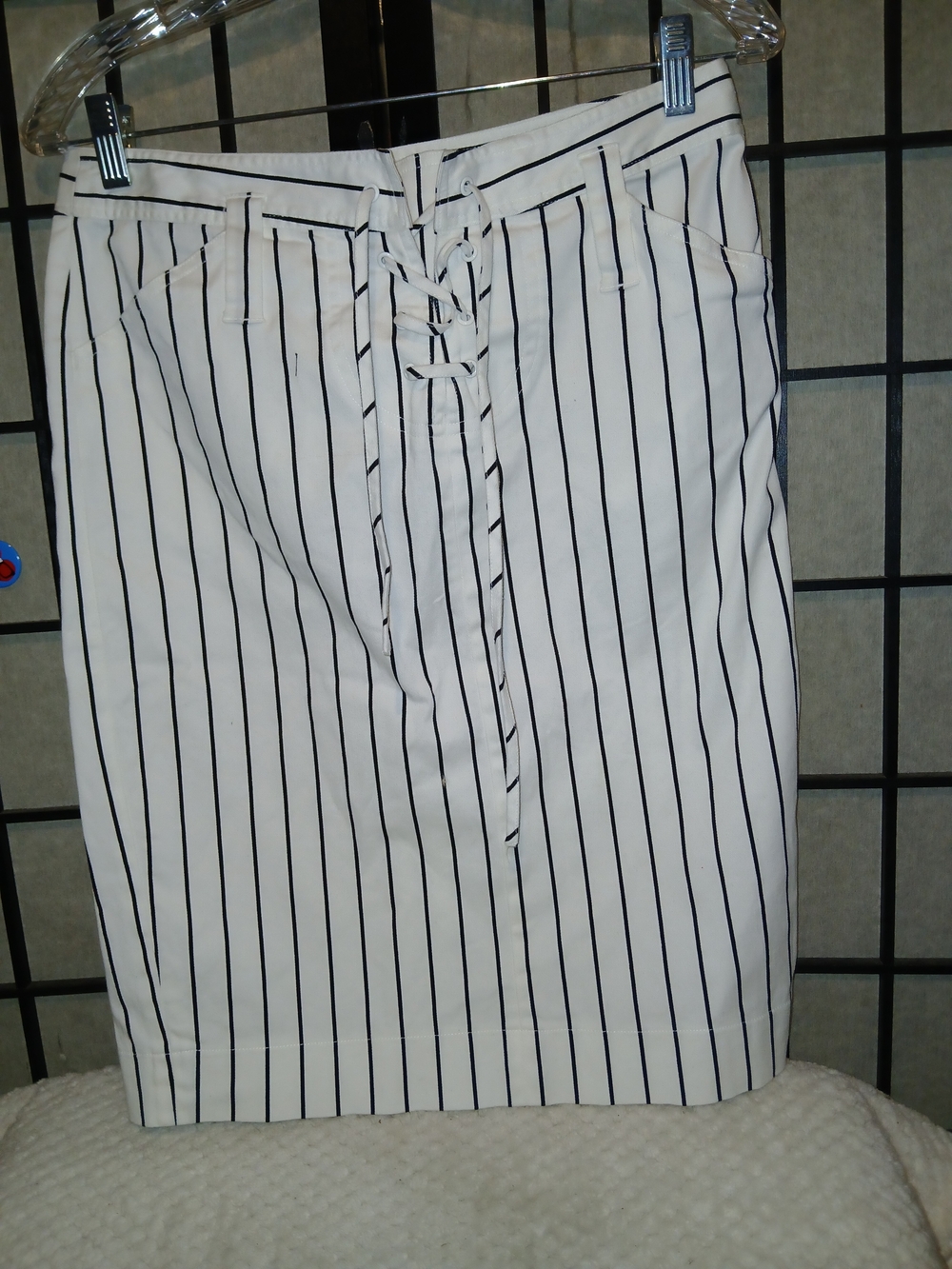 Kenar White Pencil Skirt with Black Pinstripes